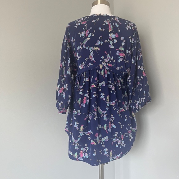 Rebecca Taylor Silk Birds Floral Canary Relaxed Tassels Top Blouse Tunic 6 M - Picture 5 of 11